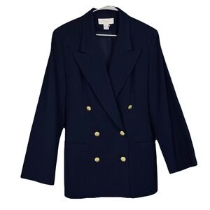 Nordstrom Career Essential Blazer 14 Navy Blue Wool Double Breasted Gold Button